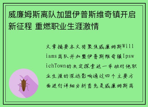 威廉姆斯离队加盟伊普斯维奇镇开启新征程 重燃职业生涯激情