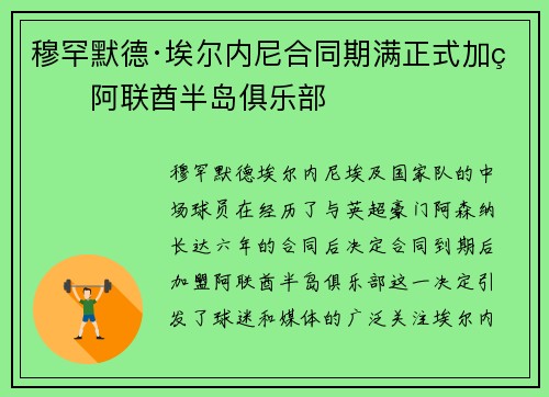 穆罕默德·埃尔内尼合同期满正式加盟阿联酋半岛俱乐部 穆罕默德·埃尔内尼合同期满正式加盟阿联酋半岛俱乐部