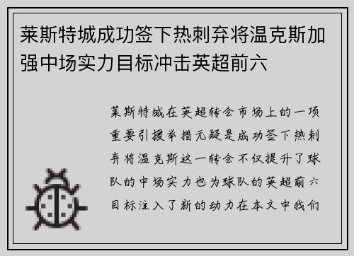 莱斯特城成功签下热刺弃将温克斯加强中场实力目标冲击英超前六