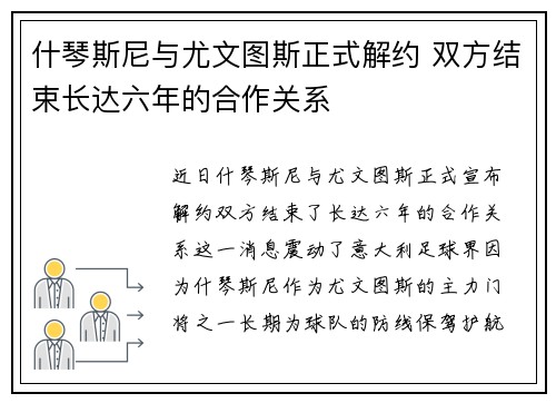 什琴斯尼与尤文图斯正式解约 双方结束长达六年的合作关系